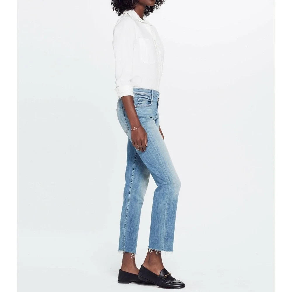 MOTHER Dutchie Ankle Fray Straight Crop Jeans Lemonade Lies 25 $218